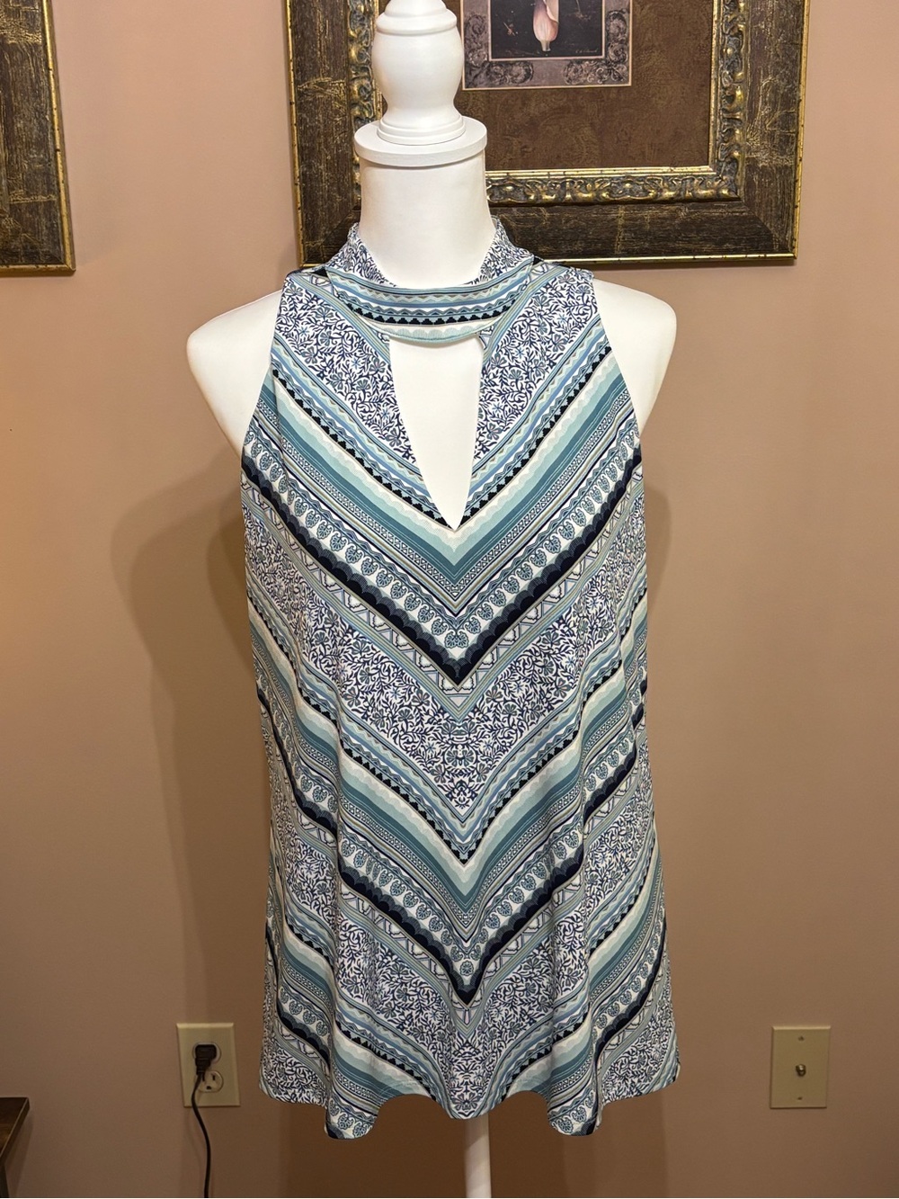 White House Black Market Blue Patterned Keyhole Halter Top